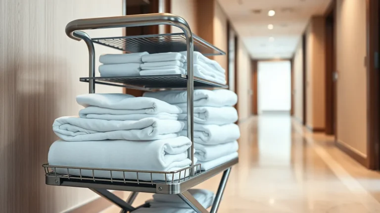 Τρόλεϊ housekeeping ξενοδοχείου με ιματισμό σε διάδρομο ορόφου